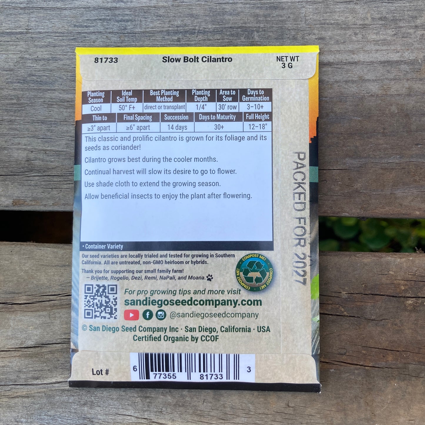 Cilantro, Slow Bolt - Organic - San Diego Seed Company