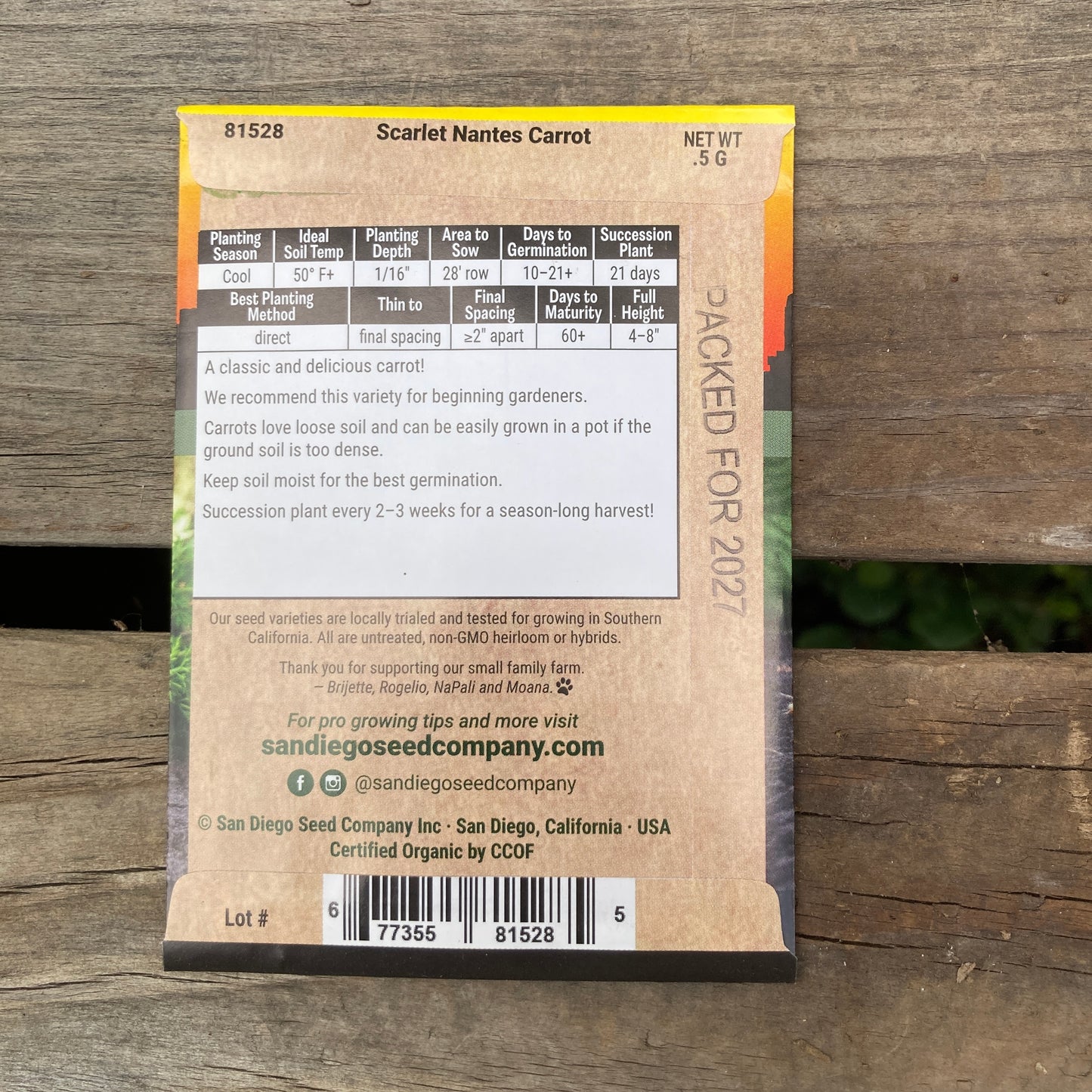 Carrots, Scarlet Nantes - Organic - San Diego Seed Company