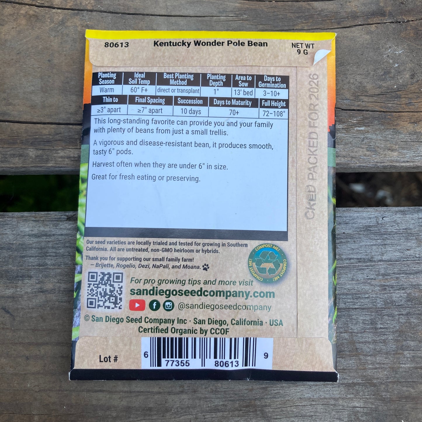 Pole Bean, Kentucky Wonder - Organic - San Diego Seed Company
