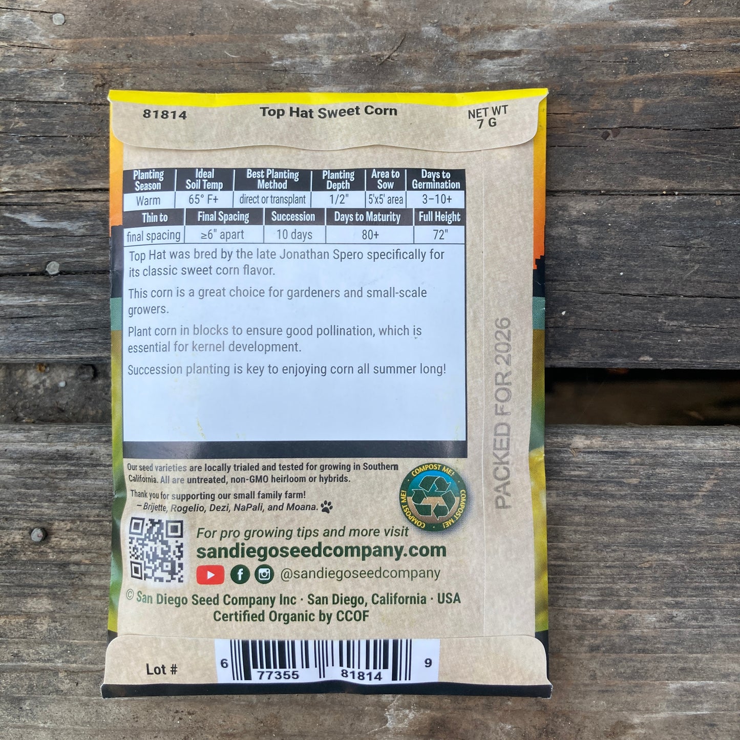 Sweet Corn, Top Hat - Organic - San Diego Seed Company