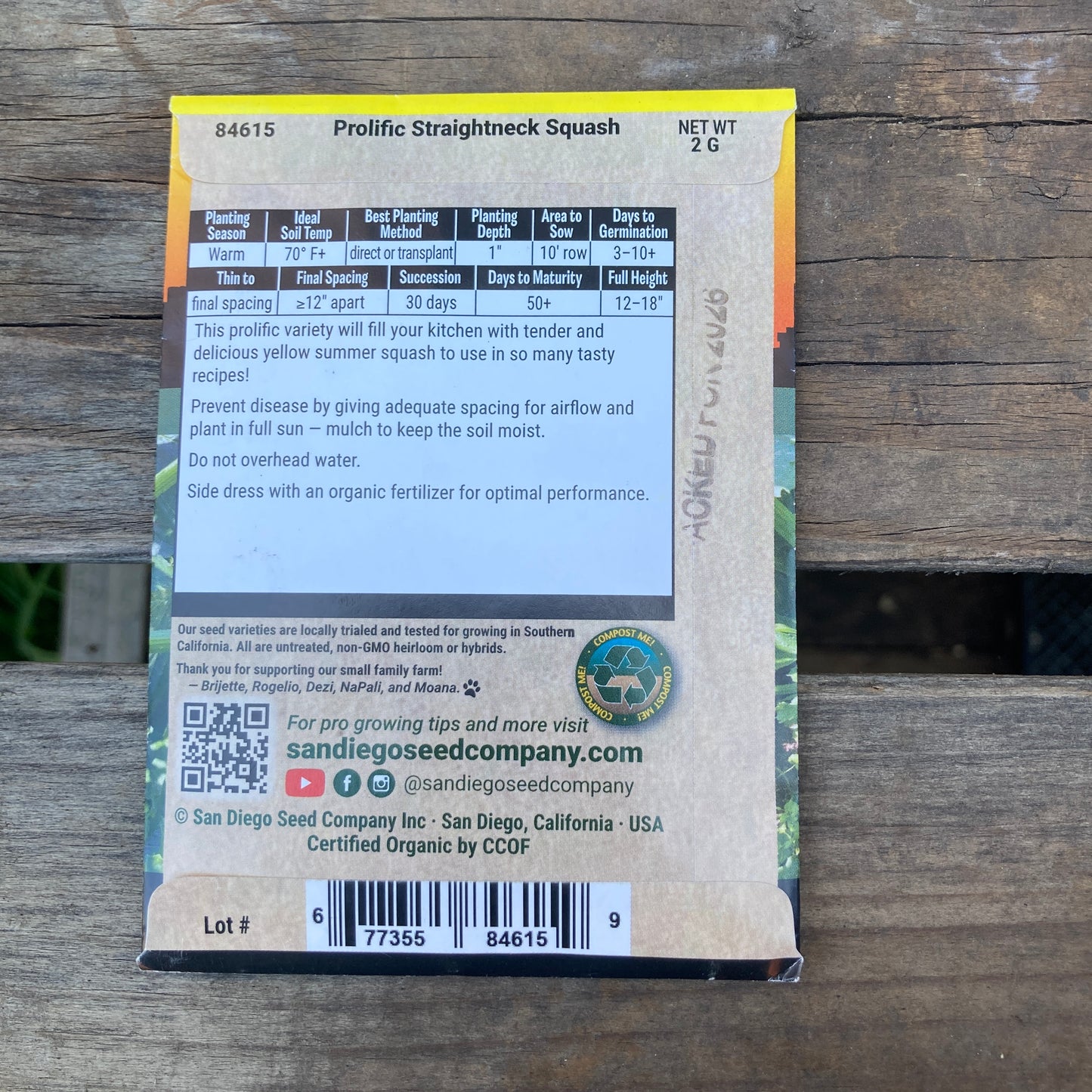 Squash, Prolific Yellow Straightneck - Organic - San Diego Seed Company
