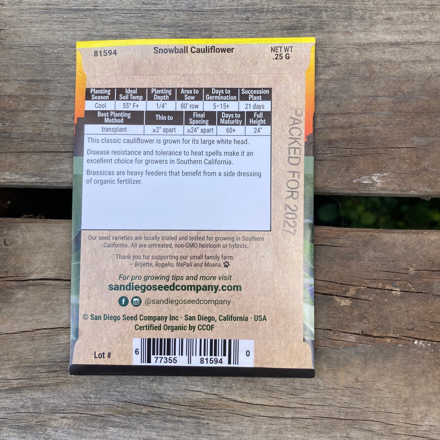 Cauliflower, Snowball - Organic - San Diego Seed Company
