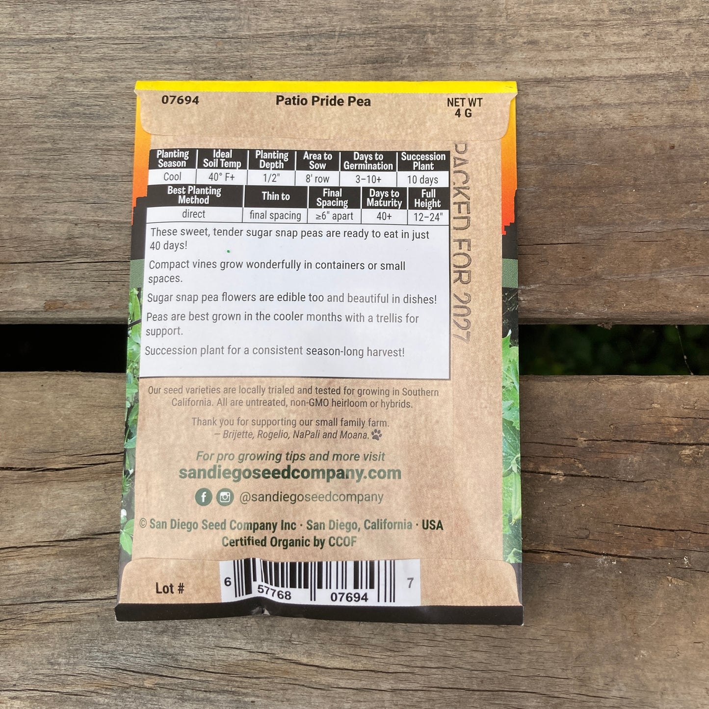 Peas, Snap - Patio Pride - Organic - San Diego Seed Company