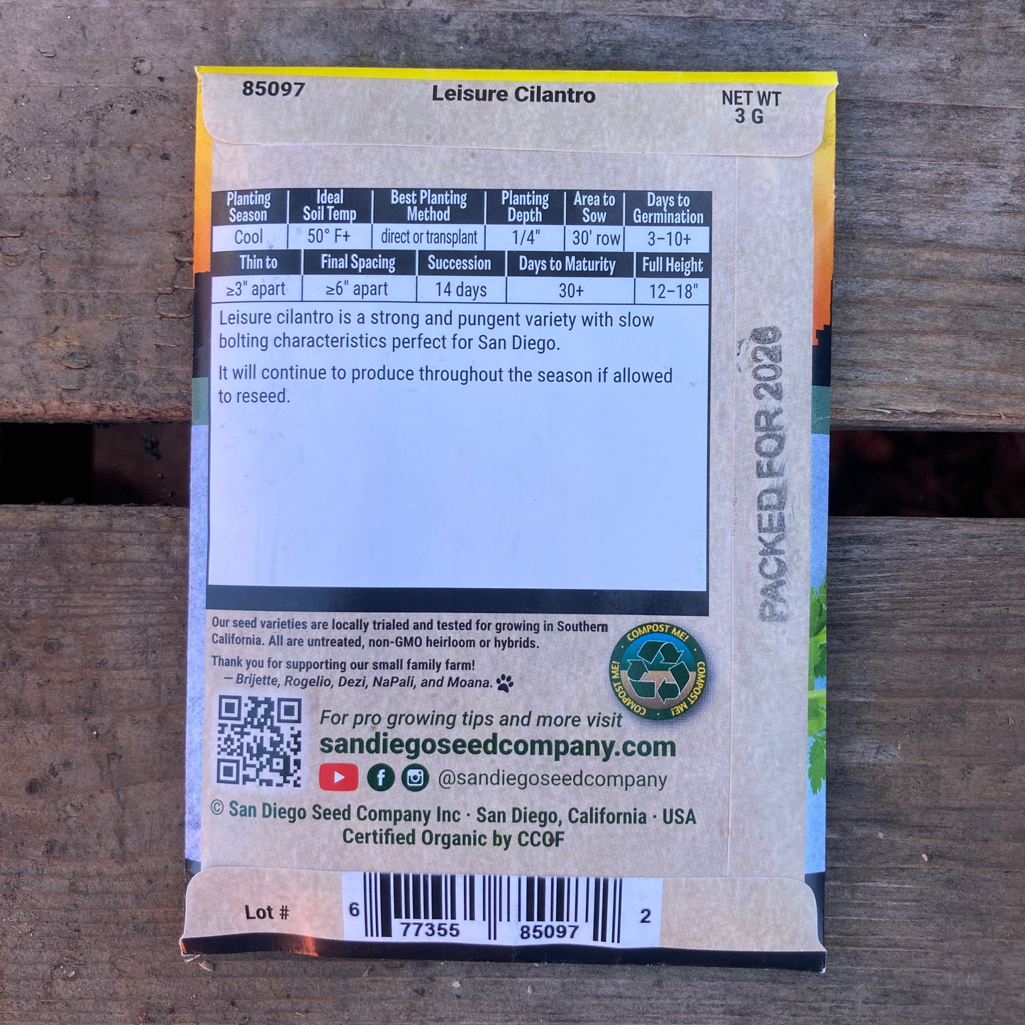 Cilantro, Leisure - Organic - San Diego Seed Company