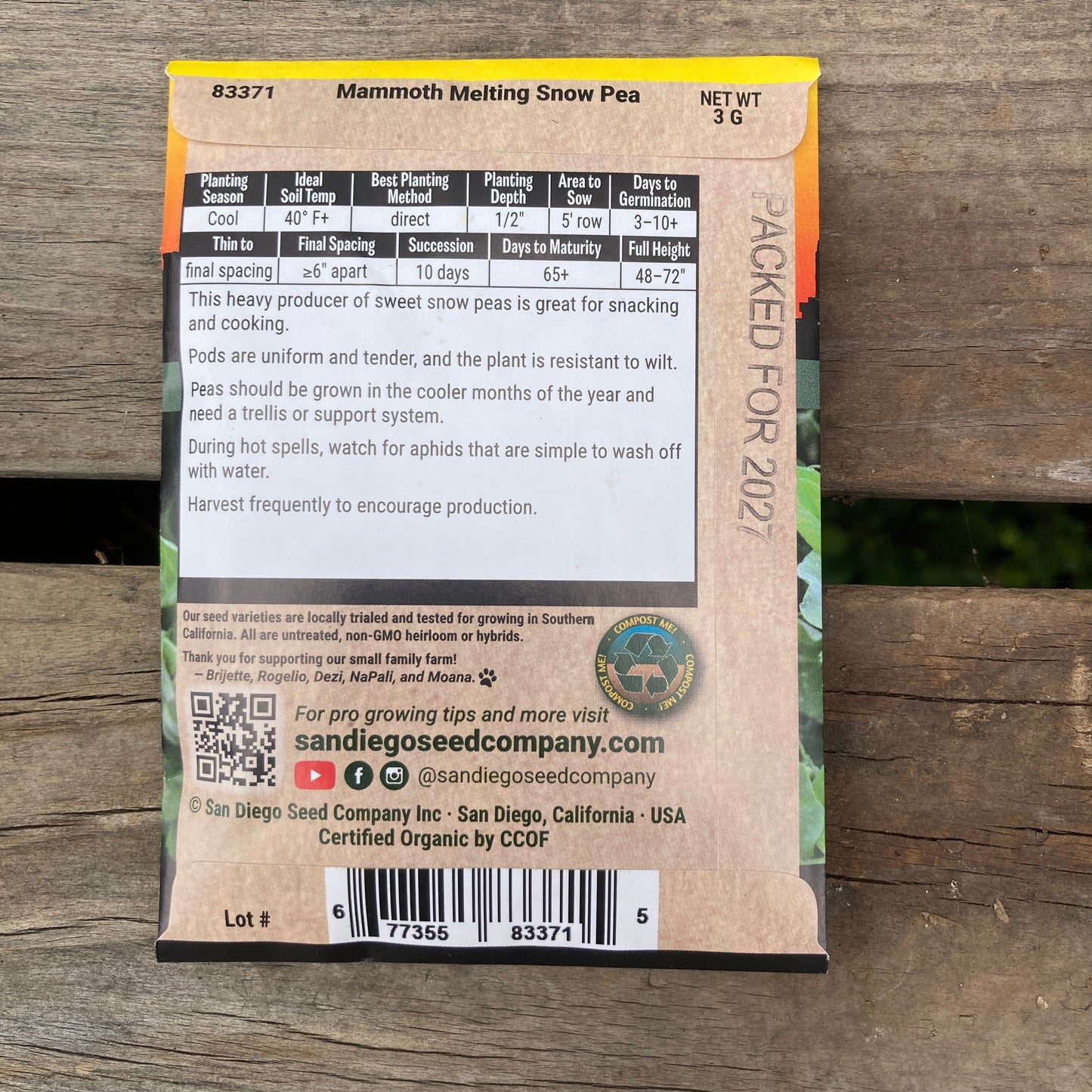 Peas, Snow - Mammoth Melting - Organic - San Diego Seed Company