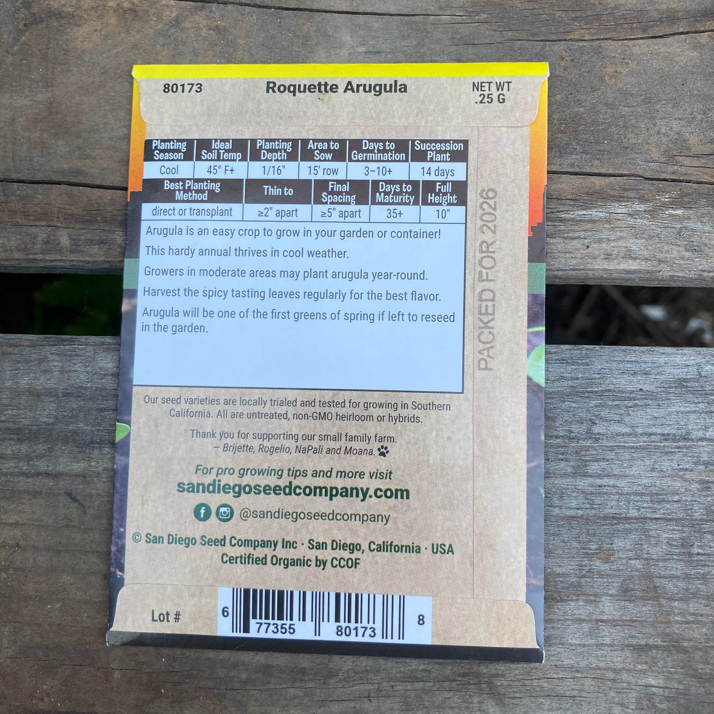 Arugula, Roquette - Organic - San Diego Seed Company